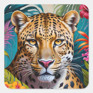 Leopard face in flowers square sticker