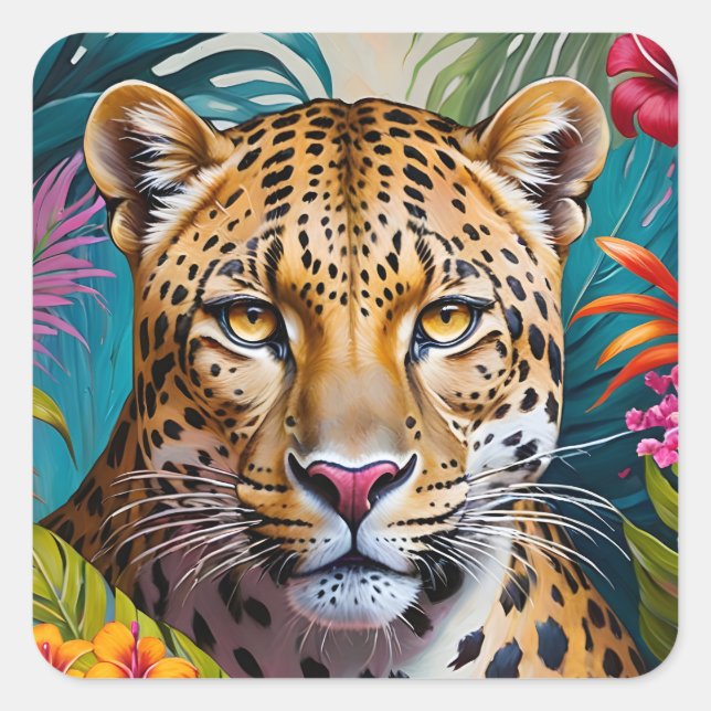 Leopard face in flowers square sticker (Front)