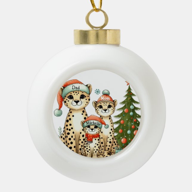 Leopard Family Add Name Ceramic Ball Christmas Ornament (Front)