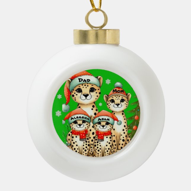 Leopard Family of Four Add Name Ceramic Ball Christmas Ornament (Front)