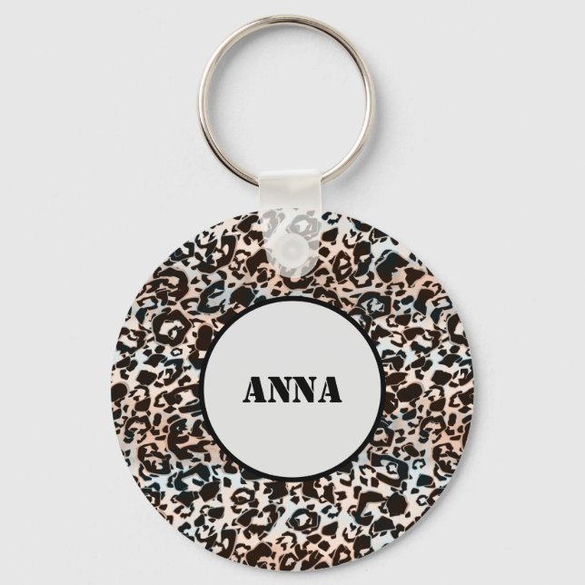 leopard, fashionable, spotted, brown,personalised key ring (Front)