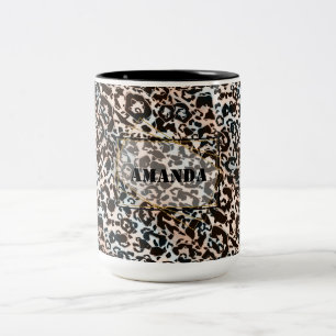 leopard, fashionable, spotted, brown,personalised Two-Tone coffee mug