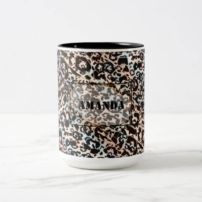 leopard, fashionable, spotted, brown,personalised Two-Tone coffee mug (Center)