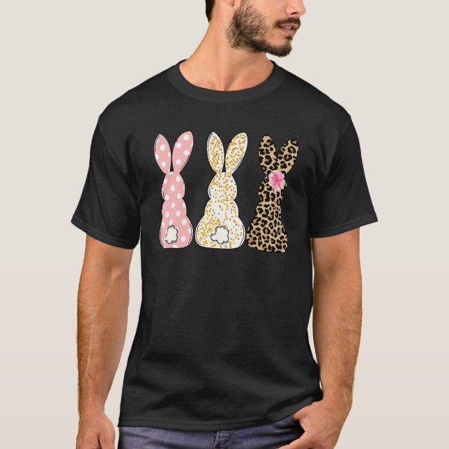 Leopard Floral Easter Bunny Three Rabbits Happy Ea T-Shirt (Front)