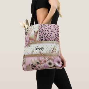 Leopard Floral Pink Gold Personalised Tote Bag