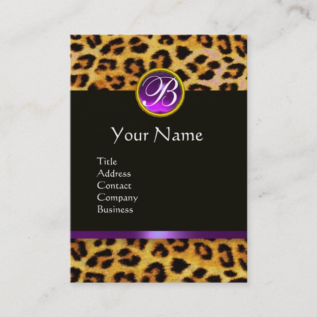 LEOPARD FUR ,PURPLE BLACK GEMSTONE MONOGRAM BUSINESS CARD (Front)