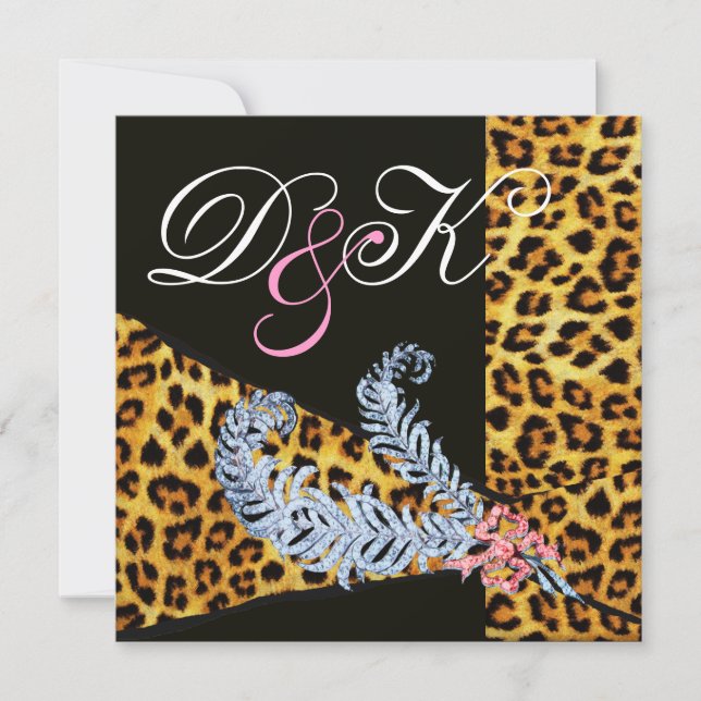LEOPARD FUR RIBBON AND DIAMOND FEATHERS MONOGRAM INVITATION (Front)