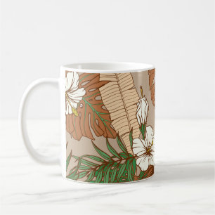 Leopard fur tropical leaves hibiscus flowers seaml coffee mug