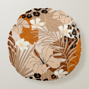 Leopard fur tropical leaves hibiscus flowers seaml round cushion