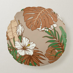 Leopard fur tropical leaves hibiscus flowers seaml round cushion