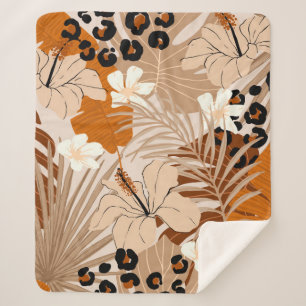 Leopard fur tropical leaves hibiscus flowers seaml sherpa blanket