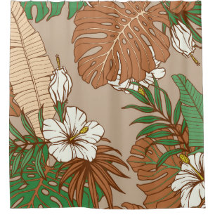 Leopard fur tropical leaves hibiscus flowers seaml shower curtain