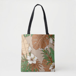 Leopard fur tropical leaves hibiscus flowers seaml tote bag