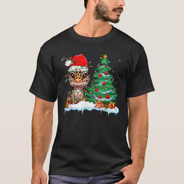 Leopard Gecko Funny Gecko Wearing Santa Hat Christ T-Shirt (Front)