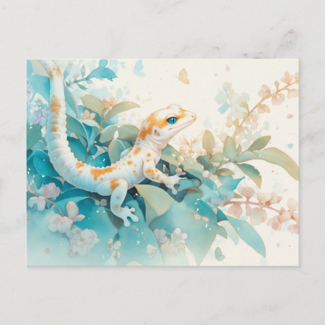Leopard Gecko with Orange Spot and Tropical Leaf Postcard (Front)