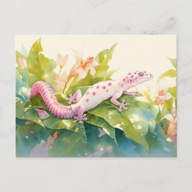 Leopard Gecko with Pink Spot and Lily Flower Postcard (Front)