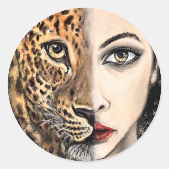 Leopard Girl Face Fantasy Painting Art Wild Animal Classic Round Sticker (Front)