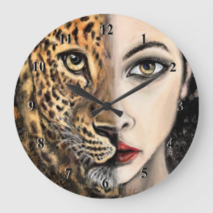Leopard Girl Face Fantasy Painting Wild Animal Large Clock