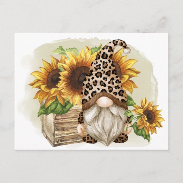 Leopard Gnome Sunflowers Postcard (Front)