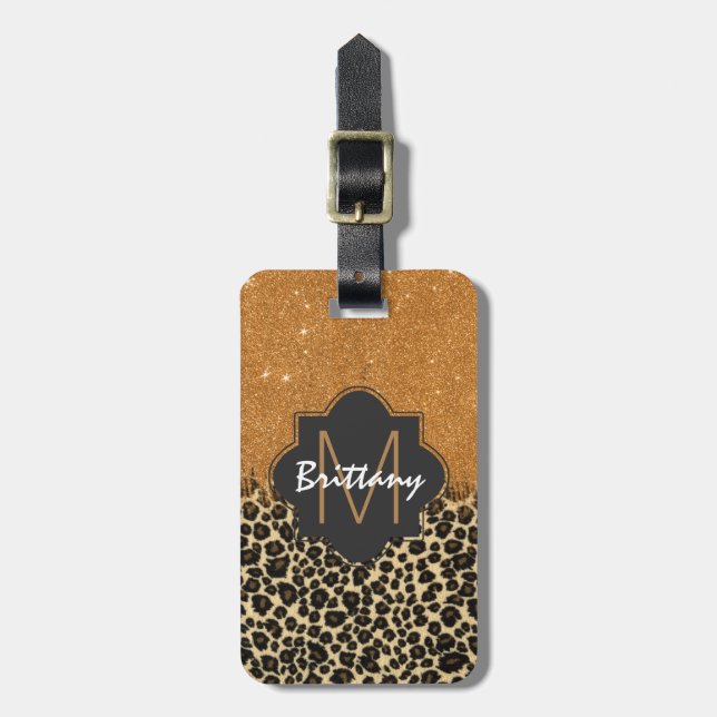 Leopard & Gold Faux Glitter Brushstroke Monogram Luggage Tag (Front Vertical)