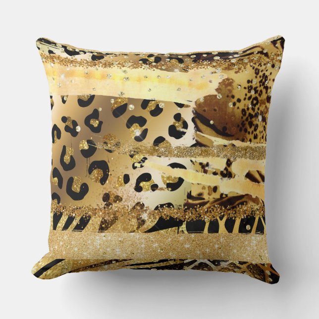 Leopard gold glitter wild animal confetti chic cushion (Front)