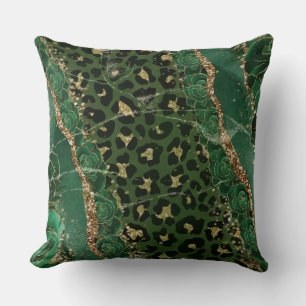 Leopard Gold Green Roses Agate Throw Pillow