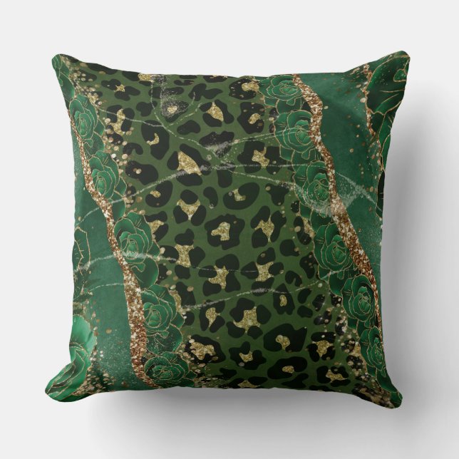 Leopard Gold Green Roses Agate Throw Pillow (Front)