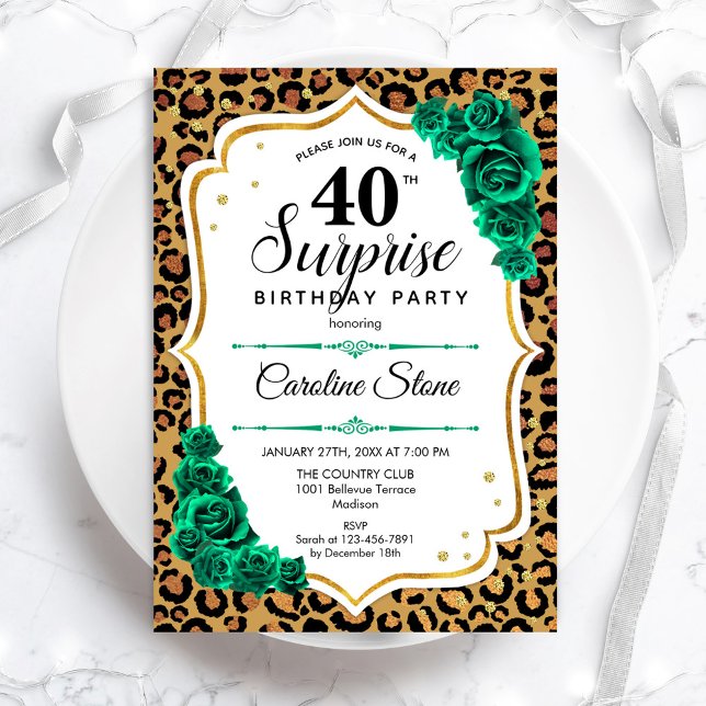 Leopard Gold White Green Surprise 40th Birthday Invitation (Creator Uploaded)