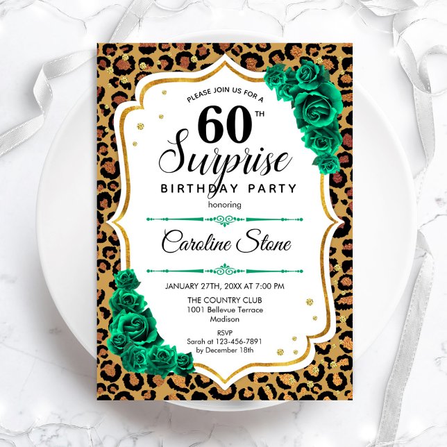 Leopard Gold White Green Surprise 60th Birthday Invitation (Creator Uploaded)