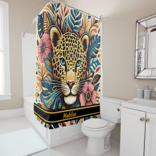 Leopard Grace: Vibrant Branch Serenity Shower Curtain (In Situ)