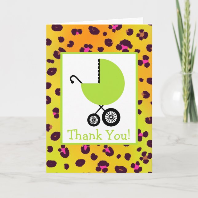 Leopard & Green Carriage Baby Shower Thank You Card (Front)