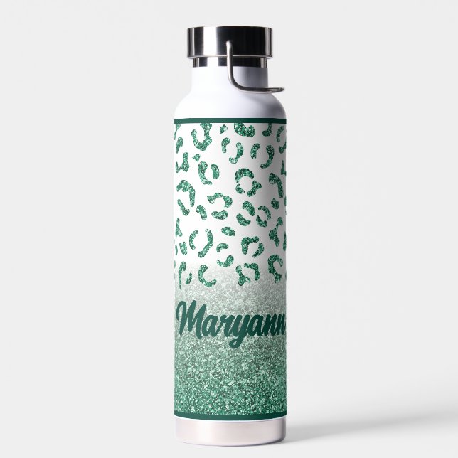 Leopard Green Glitter Animal Print Custom Name Water Bottle (Left)