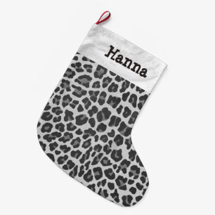Leopard Grey and Light Grey Print Large Christmas Stocking