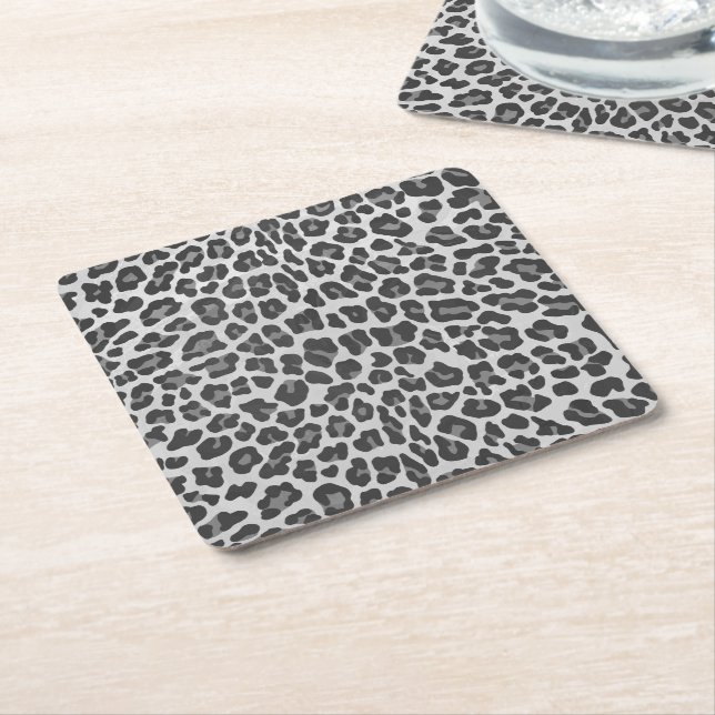 Leopard Grey and Light Grey Print Square Paper Coaster (Angled)