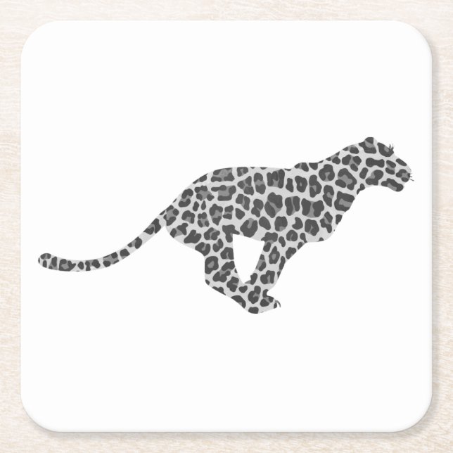 Leopard Grey and Light Grey Silhouette Square Paper Coaster (Front)