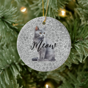Leopard Grey Meow Kitty Cat Ceramic Ornament