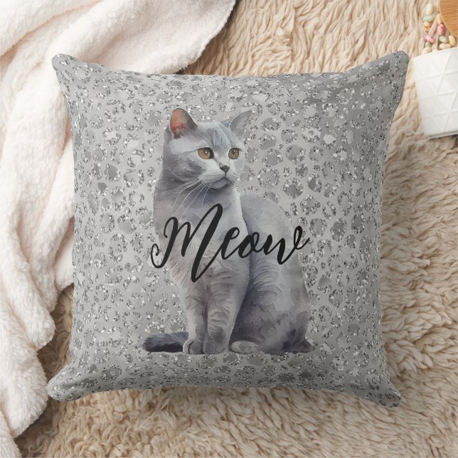 Leopard Grey Meow Kitty Cat  Cushion (Blanket)