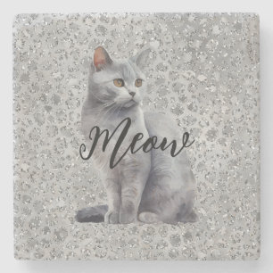Leopard Grey Meow Kitty Cat  Stone Coaster