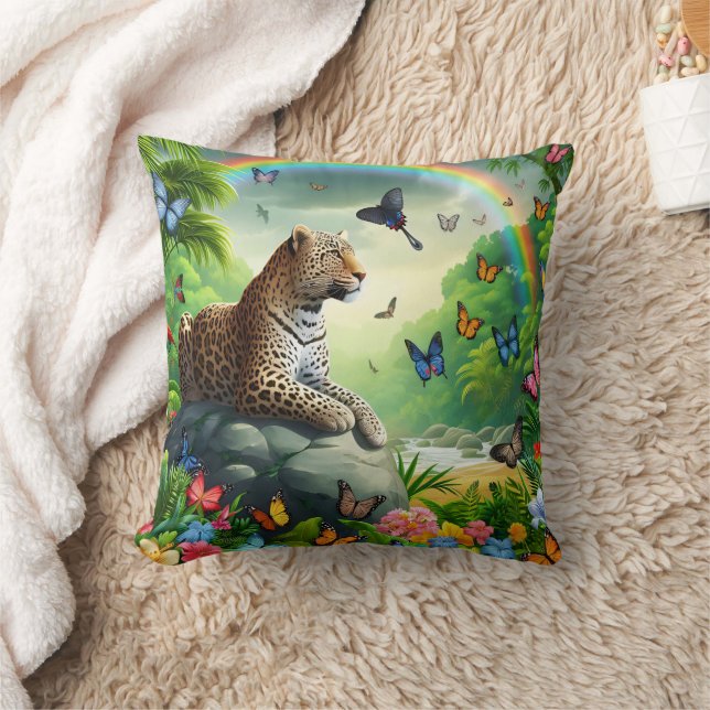 Leopard Haven: Colourful Tropical Surroundings Cushion (Blanket)