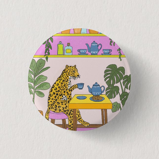 Leopard Having Tea 3 Cm Round Badge (Front)