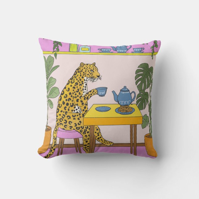 Leopard Having Tea Cushion (Front)