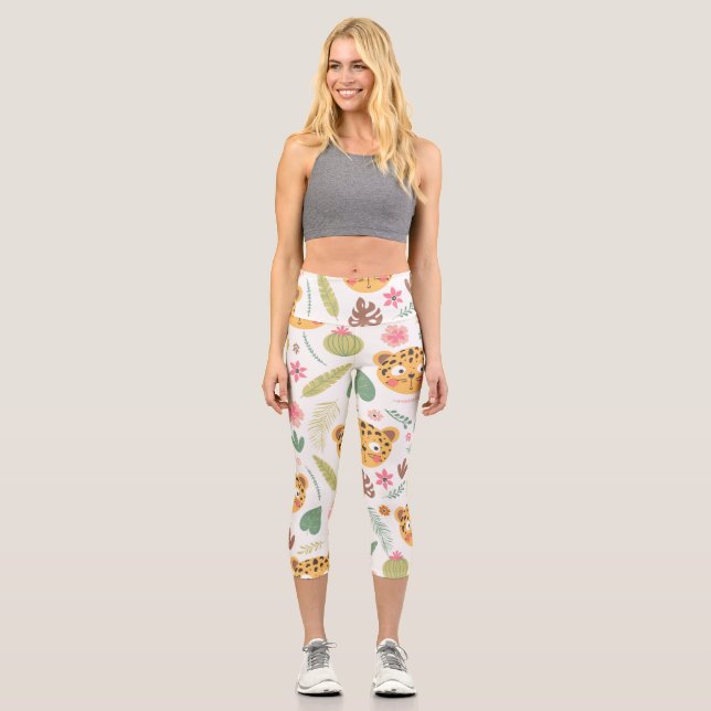 Leopard Head Tropical Plants Pattern Capri Leggings (Front)