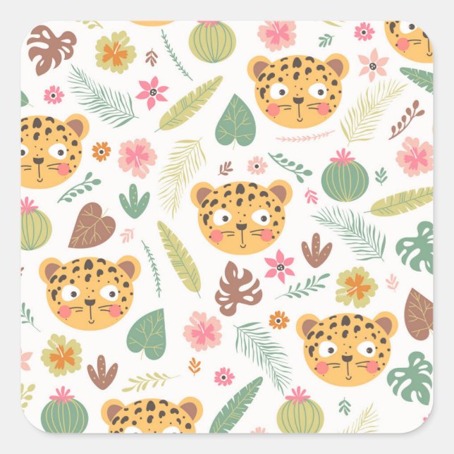 Leopard Head Tropical Plants Pattern Square Sticker (Front)