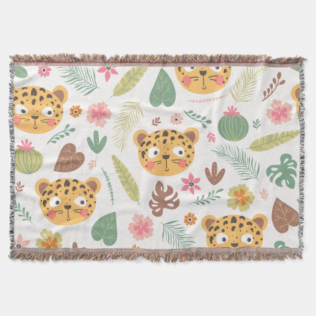 Leopard Head Tropical Plants Pattern Throw Blanket (Front)