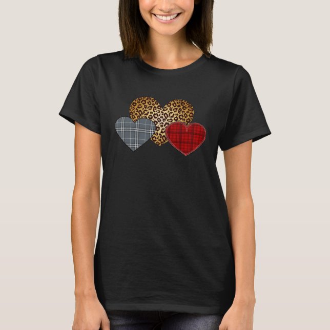 Leopard Heart Buffalo Red Black Plaid Heart Valent T-Shirt (Front)