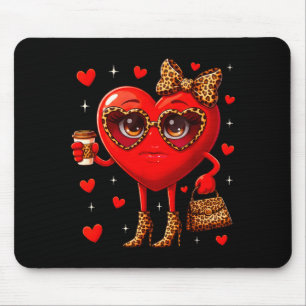 Leopard Heart Drinking Coffee Valentines Day Women Mouse Pad