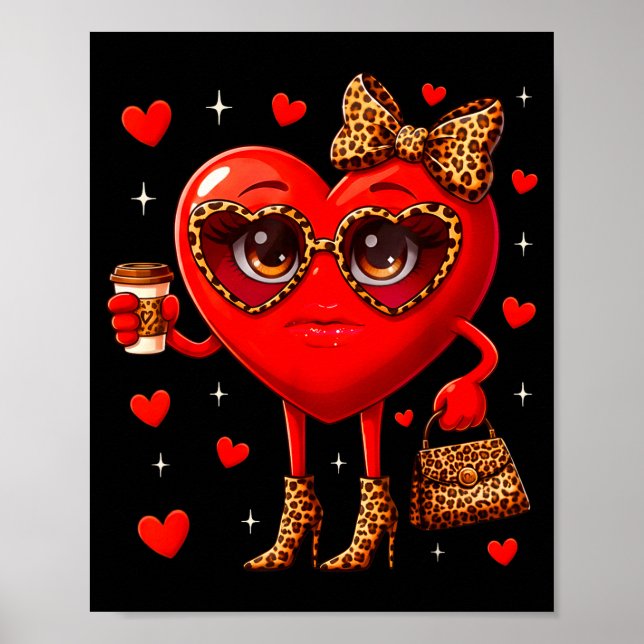 Leopard Heart Drinking Coffee Valentines Day Women Poster (Front)