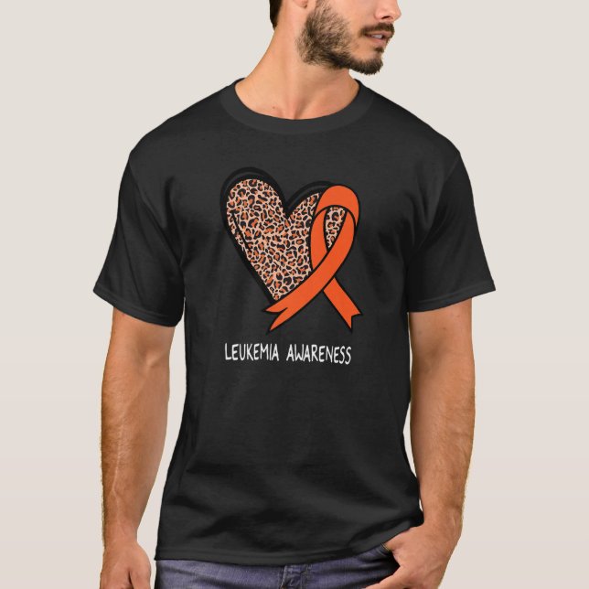 Leopard Heart Leukemia Awareness Orange Ribbon T-Shirt (Front)