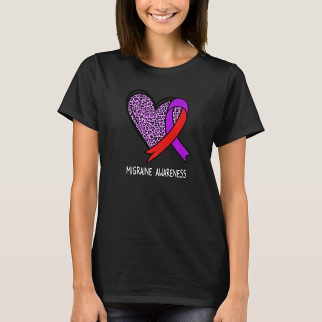 Leopard Heart Migraine Awareness Purple & Red Ribb T-Shirt (Front)
