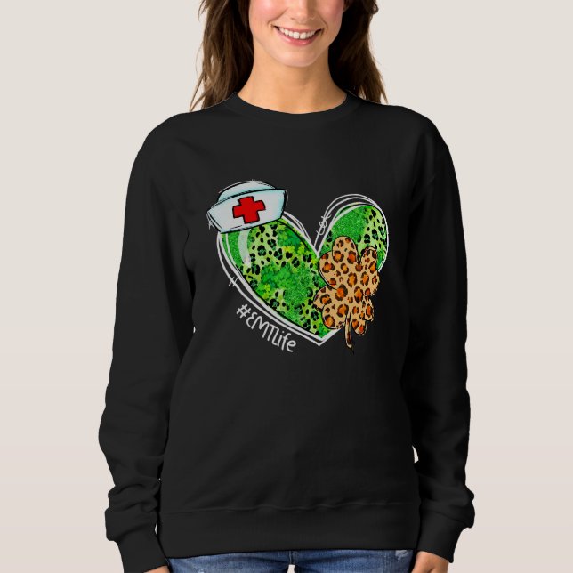 Leopard Heart Shamrock Emt Life Nurse St Patricks  Sweatshirt (Front)